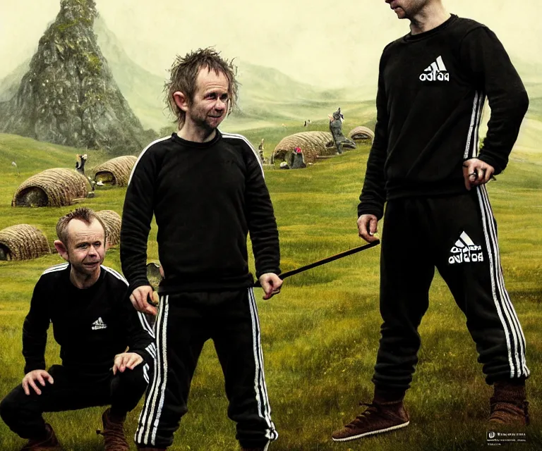 Prompt: a detailed 5 0 mm portrait of dominic monaghan and billy boyd as hobbits squatting slavs in black adidas track suits with white stripes down the leg, caricature, highly detailed, digital painting, artstation, concept art, sharp focus, cinematic lighting, illustration, art by met mangindaan, artgerm and greg rutkowski, alphonse mucha, cgsociety