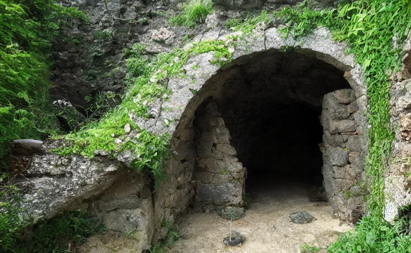 Image similar to cave built into an early medieval village lit by torches, plants