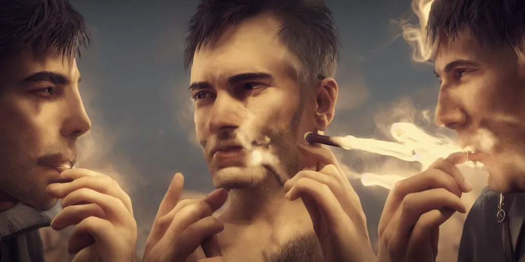 Prompt: two men with extremely cool eyebrows smoking casually, realistic 4 k octane beautifully detailed render, 4 k post - processing, highly detailed, intricate complexity, epic composition, magical atmosphere, cinematic lighting, masterpiece, ultra hd