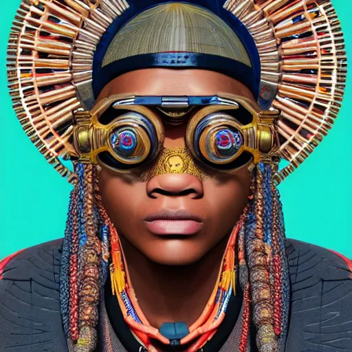 Prompt: colourful vfx upper half - portrait - art of a nigerian tribal chief wearing steam punk goggles, art by utagawa kunisada & james jean, symmetrical, intricate detail, concept art, volumetric light, ray tracing, caricature, digital illustration, octane 3 d render, unreal engine, sharp, 8 k post process, pinterest, behance, art station,