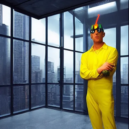 Prompt: painted by Robin Eley, a man in a neon suit stands in an empty room, his right arm and leg are cybernetic prosthetics. Outside the large floor to ceiling windows is a vast cyberpunk cityscape