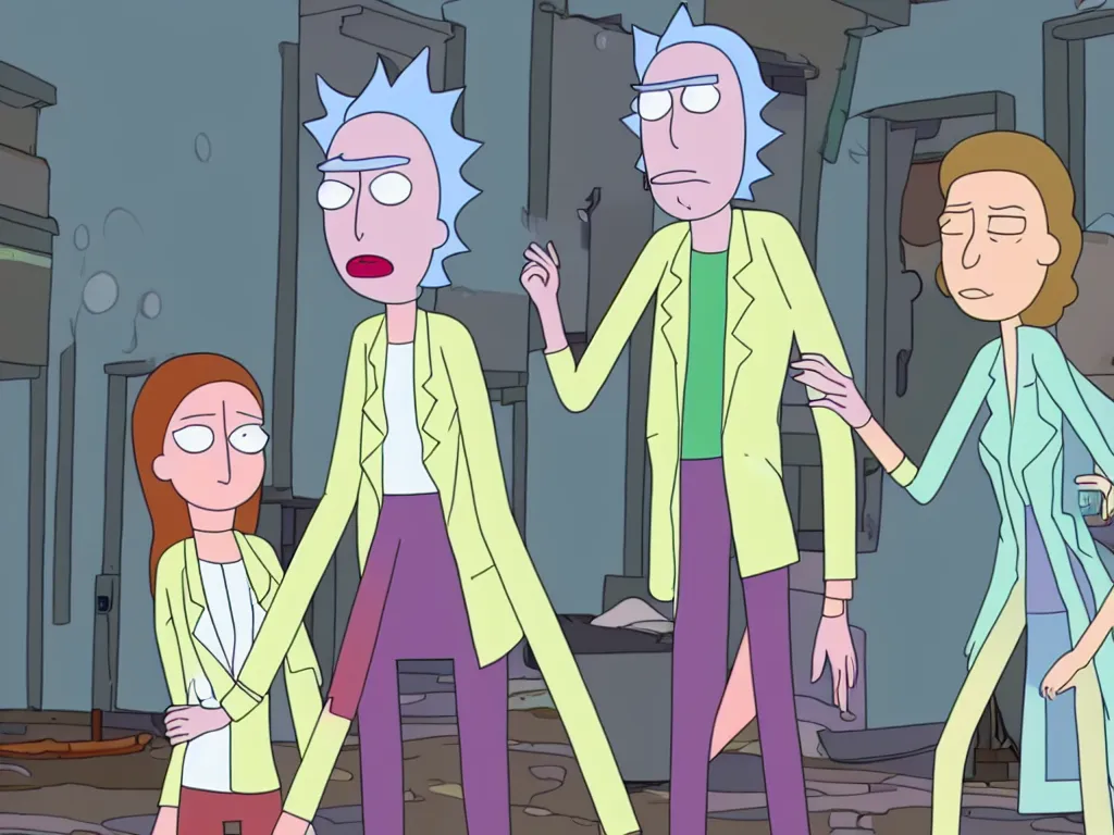 Image similar to a still from a female version of rick and morty