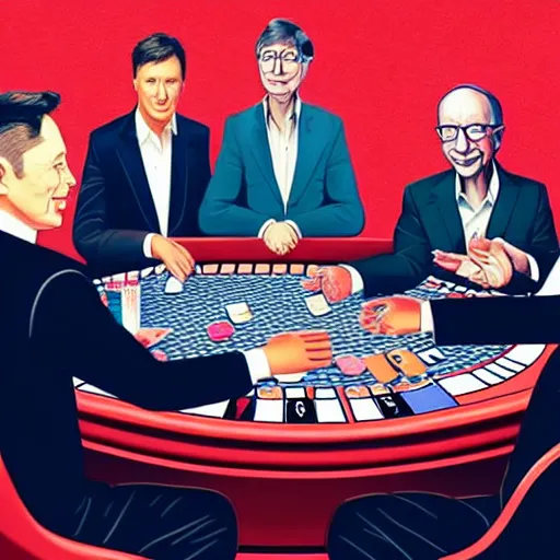Image similar to UHD photorealistic Elon Musk playing poker with Satoshi Nakamoto, Klaus Schwab, and Bill Gates, hyperrealistic, correct details, cosmic dynamic lighting, symmetrical faces, accurate faces, in the style of art nouveau