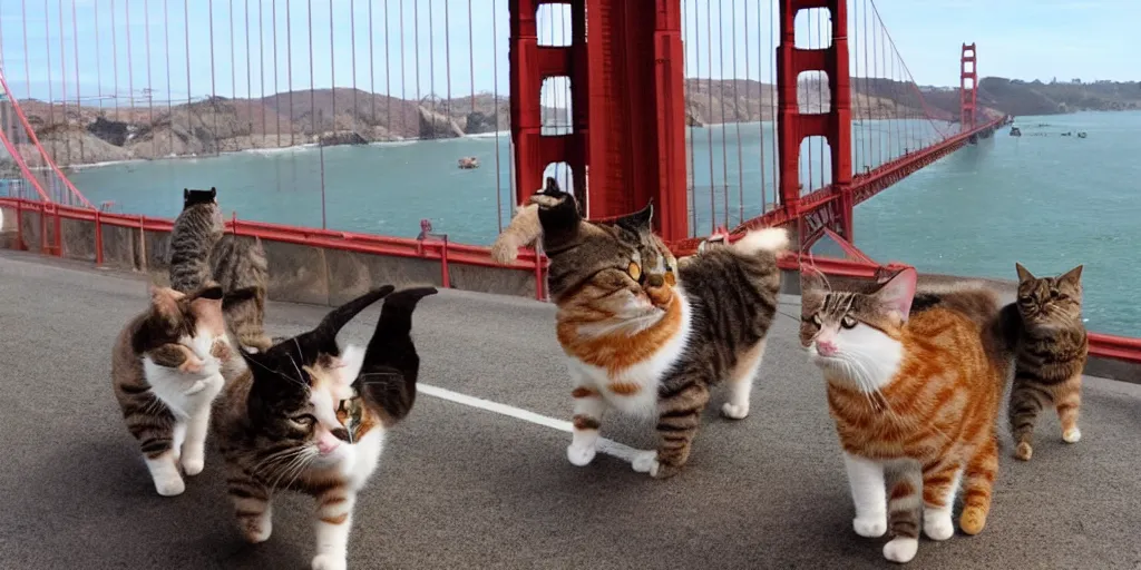 Prompt: cat gang walking across the golden gate bridge