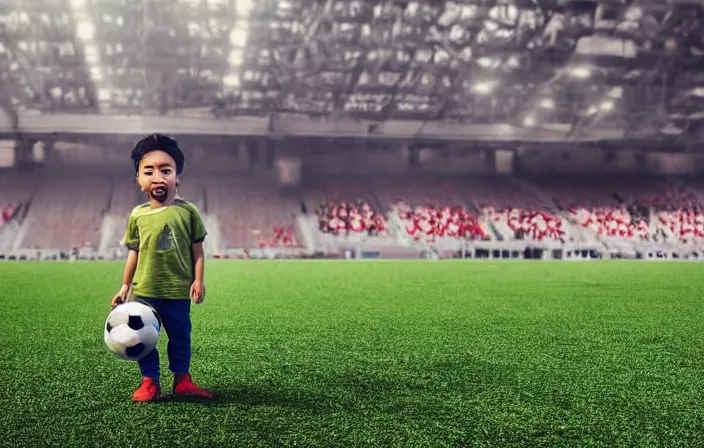 Image similar to a little boy with a soccer ball under his arm as seen from the back stands next to a soccer field and looks hopefully at a full soccer stadium and hopes he can join the first team, diffuse light, octane render