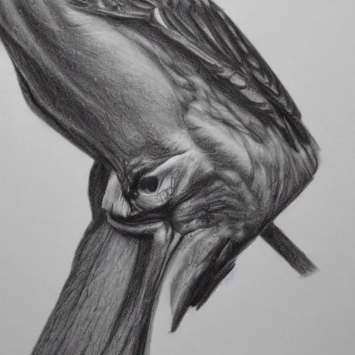 Image similar to bird with bodybuilder arms, pencil drawing,