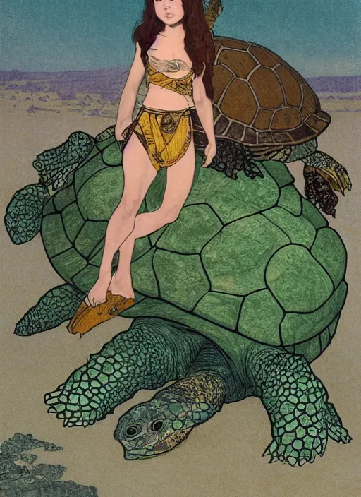 Image similar to portrait of a little warrior girl laying on top of a giant turtle in the desert. the girl has dark skin and beautiful green eyes, realistic body legs and a very beautiful detailed symmetrical face with long black hair. the turtle has a big wise face and closed eyes. diffuse light, dramatic landscape, fantasy illustration by mucha