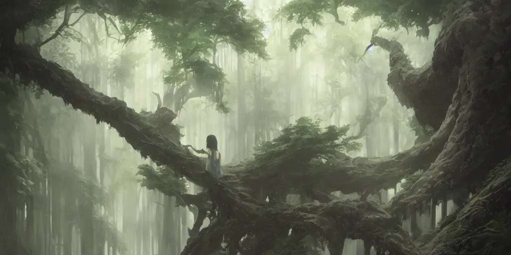 Prompt: a film still portrait of an ominous spirit, finely detailed features,, perfect art, an ancient primordial rainforest trending on pixiv fanbox, painted by greg rutkowski makoto shinkai takashi takeuchi studio ghibli