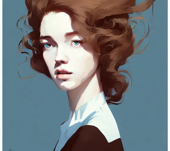 Prompt: portrait woman with long ginger curly hair, by atey ghailan, by greg rutkowski, by greg tocchini, by james gilleard, by joe fenton, by kaethe butcher, by ashley wood, dynamic lighting, gradient light blue, brown, blonde cream and white color scheme, grunge aesthetic