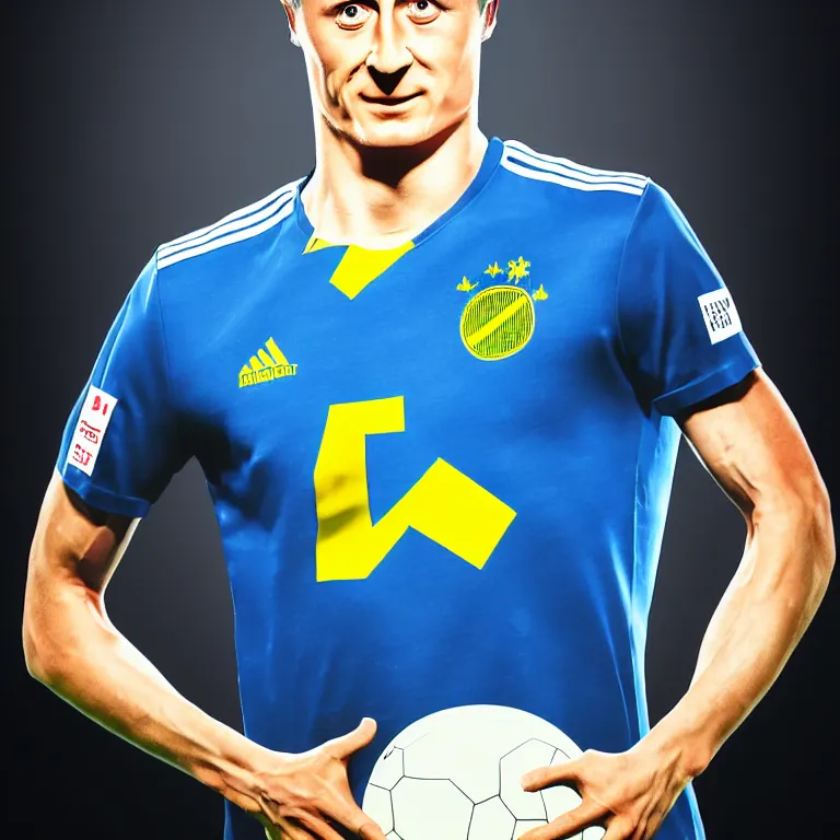 Image similar to robert lewandowski as play football, quake 2 logo on the tshirt in toilet, photorealistic face, golden skin, dark background, lasers