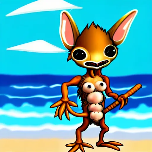 Image similar to Cute Kobold wearing caveman clothes at a beach, digital art