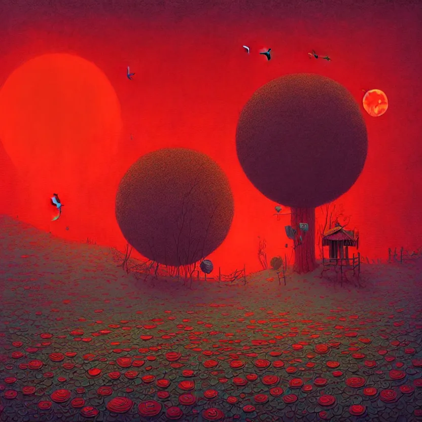 Image similar to red moon, summer morning, very coherent and colorful high contrast, art by! gediminas pranckevicius! geof darrow, pastel color, volumetric lighting, cinematic, floralpunk screen printing woodblock, dark shadows, hard lighting, stippling art