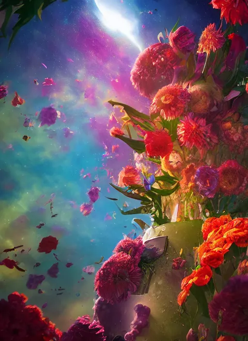 Image similar to An epic fantastic realism comic book style painting of the most beautiful flowers launched into space, bouquets, glorious galactic collision, sharp focus, fisheye, unreal 5, DAZ, hyperrealistic, octane render, dynamic lighting