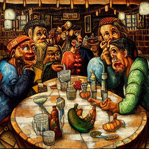 Image similar to monumental, chaotic by mark briscoe. a beautiful street art of a group of people gathered around a table in a tavern. they are all eating & drinking, & appear to be enjoying themselves.