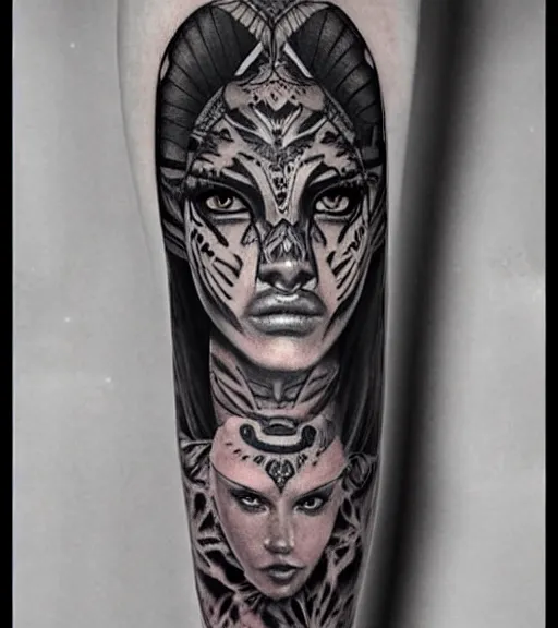 Image similar to tattoo design of a beautiful girl warrior under a tiger head, hyper realistic, realism tattoo, by eliot kohek, beautiful eyes, realistic face, black and white, white background