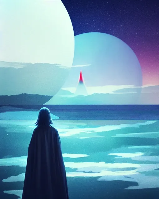 Image similar to a person wearing a white cloak standing in the water. a large planet is overhead. an album cover by stanley twardowicz, trending on cg society, retrofuturism, retrowave, chillwave, synthwave