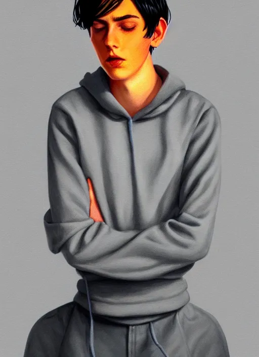 Image similar to portrait of teenage jughead jones wearing a light grey crown, crown, hamburger background, eyes closed, crown, black hair, orange, intricate, elegant, glowing lights, warm lighting, highly detailed, digital painting, artstation, concept art, smooth, sharp focus, illustration, art by wlop, mars ravelo and greg rutkowski