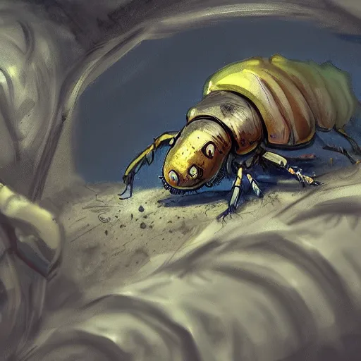 Prompt: larvae creature in dirt tunnel, focus on creature, trending on artstation, Hercules beetle larvae, style of Greg Manchess and Artgerm, high detail gross