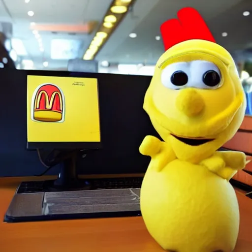 Image similar to anthropomorphic lemon working at mcdonalds wearing mcdonalds hat