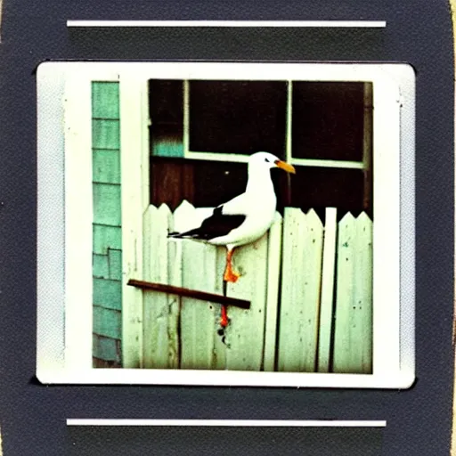 Image similar to photo polaroid of a seagull sitting on fence Norman Rockwell