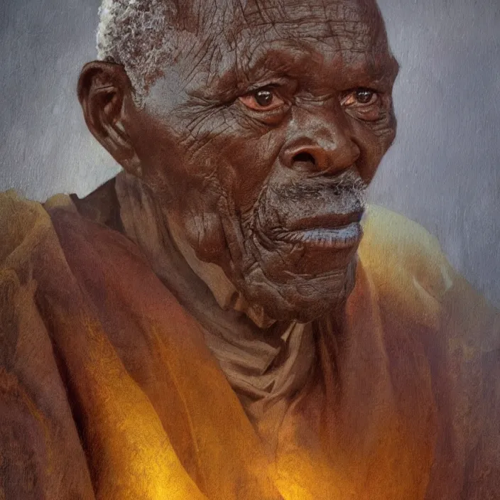 Image similar to a painting of a wise elder from Kenya by Henry Ossawa Tanner . dramatic angle, ethereal lights, details, smooth, sharp focus, illustration, realistic, cinematic, artstation, award winning, rgb , unreal engine, octane render, cinematic light, macro, depth of field, blur, red light and clouds from the back, highly detailed epic cinematic concept art CG render made in Maya, Blender and Photoshop, octane render, excellent composition, dynamic dramatic cinematic lighting, aesthetic, very inspirational, arthouse.