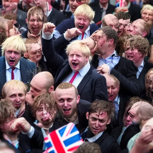 Prompt: several clones of boris johnson raving in a muddy mosh pit