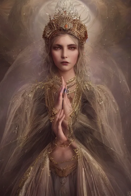 Image similar to Atmospheric detailed photography of a beautiful empress, wearing crystal fractal tiara, fantasy long intricate gown, sharp focus, octane render, high quality, 8k, volumetric lighting, color grading, by Tom Bagshaw and James Jean and Artgerm