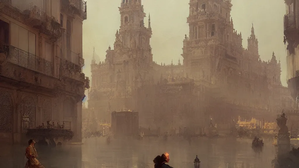 Image similar to sevilla city of spain, reflexions, verry high details by william turner art, greg rutkowski and alphonse mucha, trending on artstation, very very detailed, masterpiece,