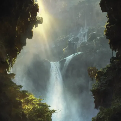 Image similar to an extremely detailed matte painting of a throuple dancing in a cavern behind a waterfall, epic fantasy, viewed in profile from far away, sharp focus, detailed face, art by greg rutkowski and alphonse mucha, volumetric lighting, 4 k resolution, trending on artstation, masterpiece