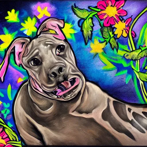 Image similar to brindle pitbull playing roller derby with skates happy surrounded by flowers tattoo style. painting. impressionist. big paint strokes. colorful.