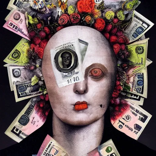 Image similar to post - punk new age album cover, asymmetrical design, dollar bank notes, capitalism, magic, apocalypse, psychedelic, black white pink, magic, giger h. r., giuseppe arcimboldo