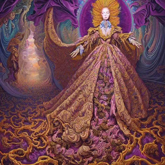 Image similar to beautiful oil painting, full length portrait of dauphinois in baroque coronation robes 1701, Dan Mumford, Dan Mumford, Alex grey, hyacinthe rigaurd, highly detailed , lsd visuals, dmt fractal patterns, hallucinogen, visionary art, psychedelic art, ornate, vaporwave, baroque, Greg rutkowski