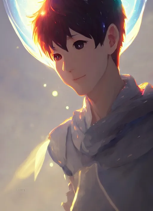 Image similar to a portrait of elemental light - kun with halo around his head, shiny, intricate, tone mapped, ambient lighting, highly detailed, digital painting, artstation, concept art, 4 k, god rays, stunning beautiful, glowing eyes, sharp focus, by makoto shinkai and akihiko yoshida and hidari and wlop