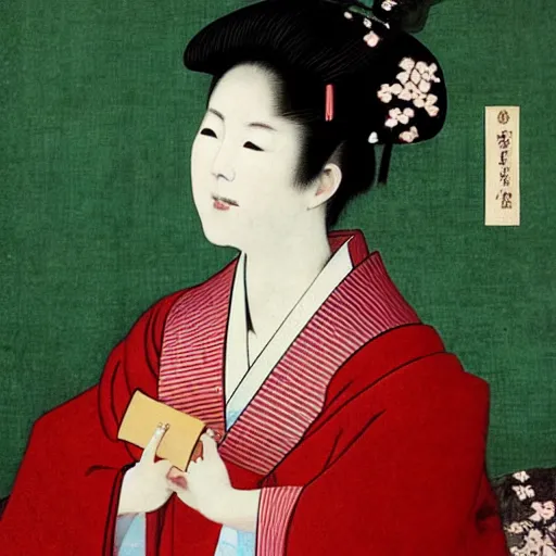 Prompt: a Portrait up to the chest, a Japanese woman, smooth, wearing a kimono made of cherry blossoms,holding a cola can,smiled sardonically, created by Raffaello Sanzi.