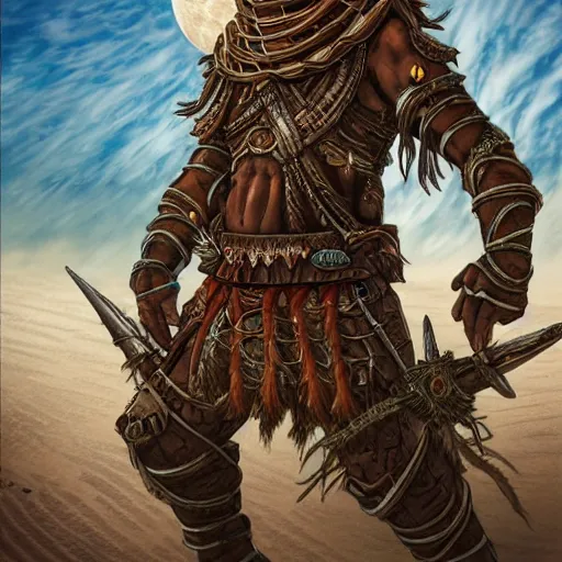 Image similar to a desert warrior tribe called the moon men, highly detailed and intricate 8 k fantasy art concept illustration