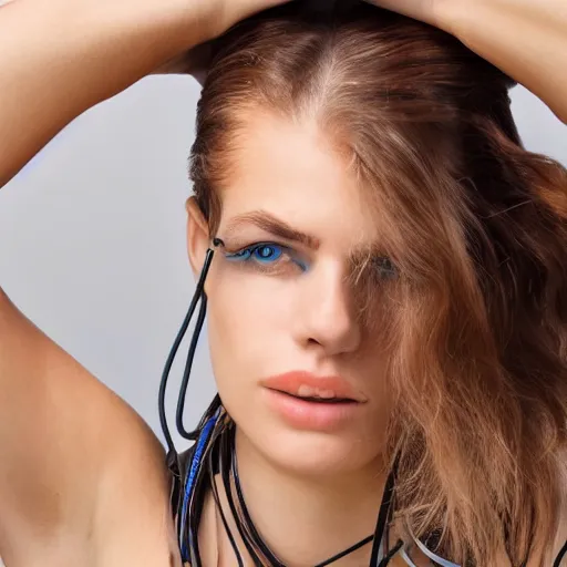 Image similar to A photo of a caucasian female model with cables instead of hair