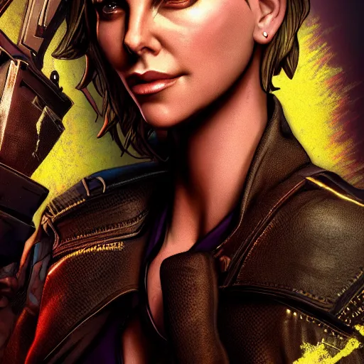 Prompt: charlize theron portrait, borderlands, tales from the borderlands, the wolf among us, comic, cinematic lighting, studio quality, 8 k