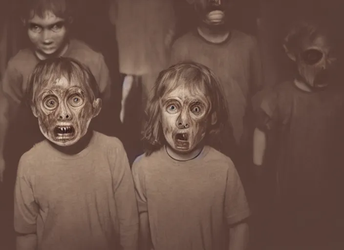 Image similar to eyeless children looking back at you from a dark mirror, horror movie still, sepia tone