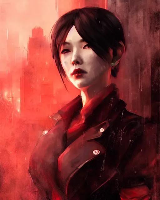 Image similar to battle hardened, sly, cunning, rugged ada wong, face centered portrait, red dinner dress, confident, ruined cityscape, zombies, fog, rain, volumetric lighting, soft light particles floating near her, illustration, perfectly shaded, soft painting, art by krenz cushart and wenjun lin