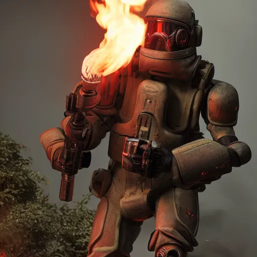 Prompt: a soldier wearing a full set of hellfire advanced power armor and holding a flamethrower, 3 d render, octane, ray tracing, ultra detailed, photorealistic, high resolution, 8 k, fire, jungle