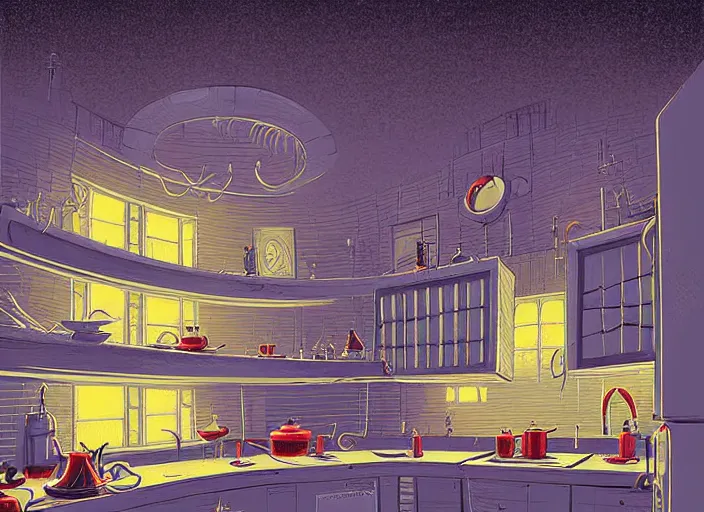 Image similar to multilevel curved perspective digital art of a dim lit kitchen (from Tim Burtons Nightmare Before Christmas) by Christopher Balaskas