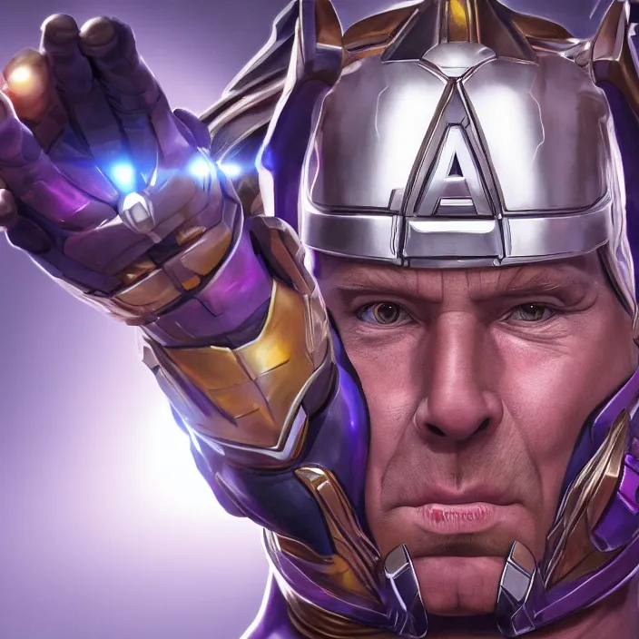 Prompt: portrait of Otto Waalkes, wearing The Infinity Gauntlet. Caricature artwork. trending on artstation, very coherent symmetrical artwork. avengers. thanos. cinematic, hyper realism, high detail, octane render, 8k, iridescent accents