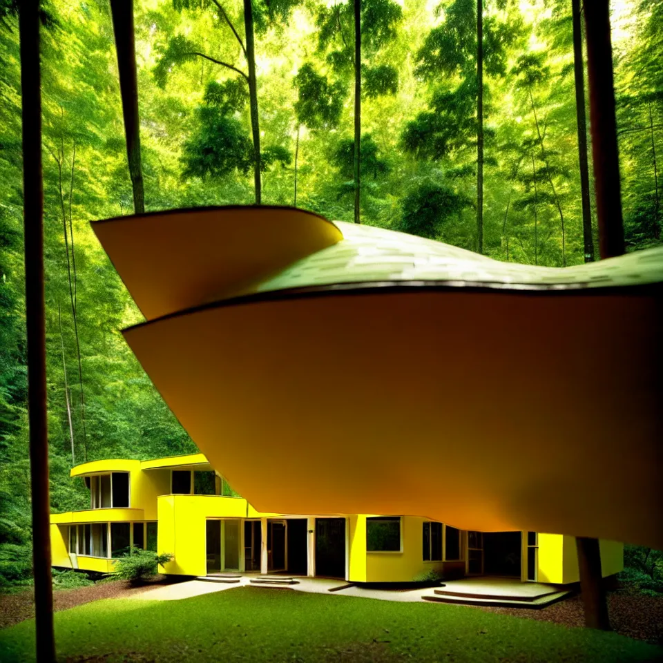 Image similar to a mid-century modern house with big tiles, from far away, in a forest, designed by Frank Gehry. Film grain, cinematic, yellow hue