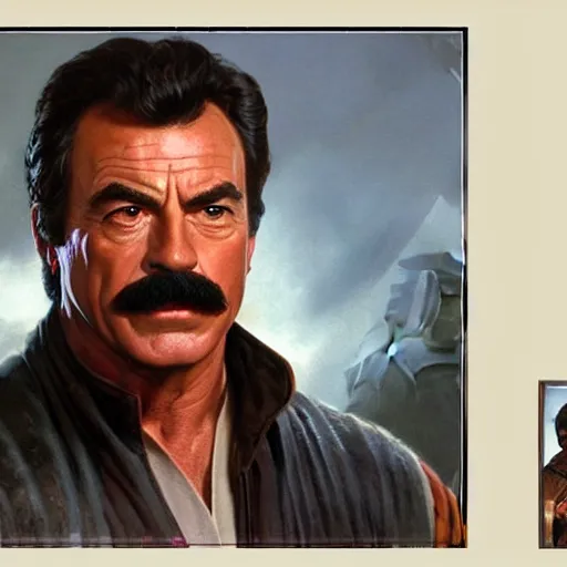 Image similar to ultra realistic head and shoulders portrait painting of tom selleck as cal kestis in star wars jedi fallen order, art by frank frazetta, 4 k, ultra realistic, highly detailed, epic lighting