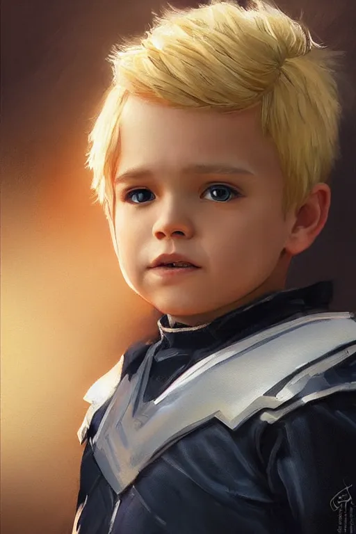 Image similar to a little boy with a michievous face and blonde hair. he is dressed as a superhero. clean elegant painting, beautiful detailed face. by artgerm and greg rutkowski