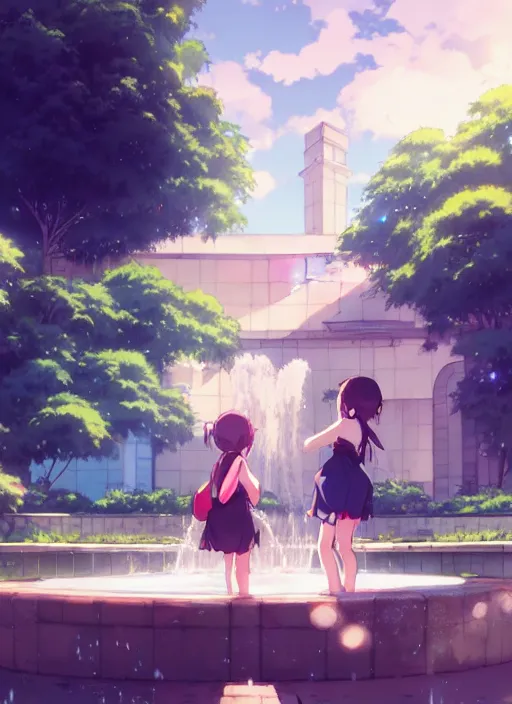 Prompt: 2 girl playing near a fountain, epic perspective, illustration concept art anime key visual trending pixiv fanbox by wlop and greg rutkowski and makoto shinkai and studio ghibli