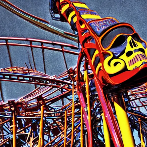 Image similar to death enjoying riding a roller coaster, coney island, digital photography, highly detailed,