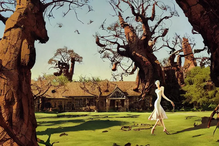 Image similar to 5 0 s pulp scifi illustration, elegant alien female strolls on beautiful lawn, distant baobab trees, mansion, by norman rockwell, jack kirby, john berkey, bergey, craig mullins, ruan jia, raymond swanland, jeremy mann, beksinski, tom lovell, alex malveda, schomburg