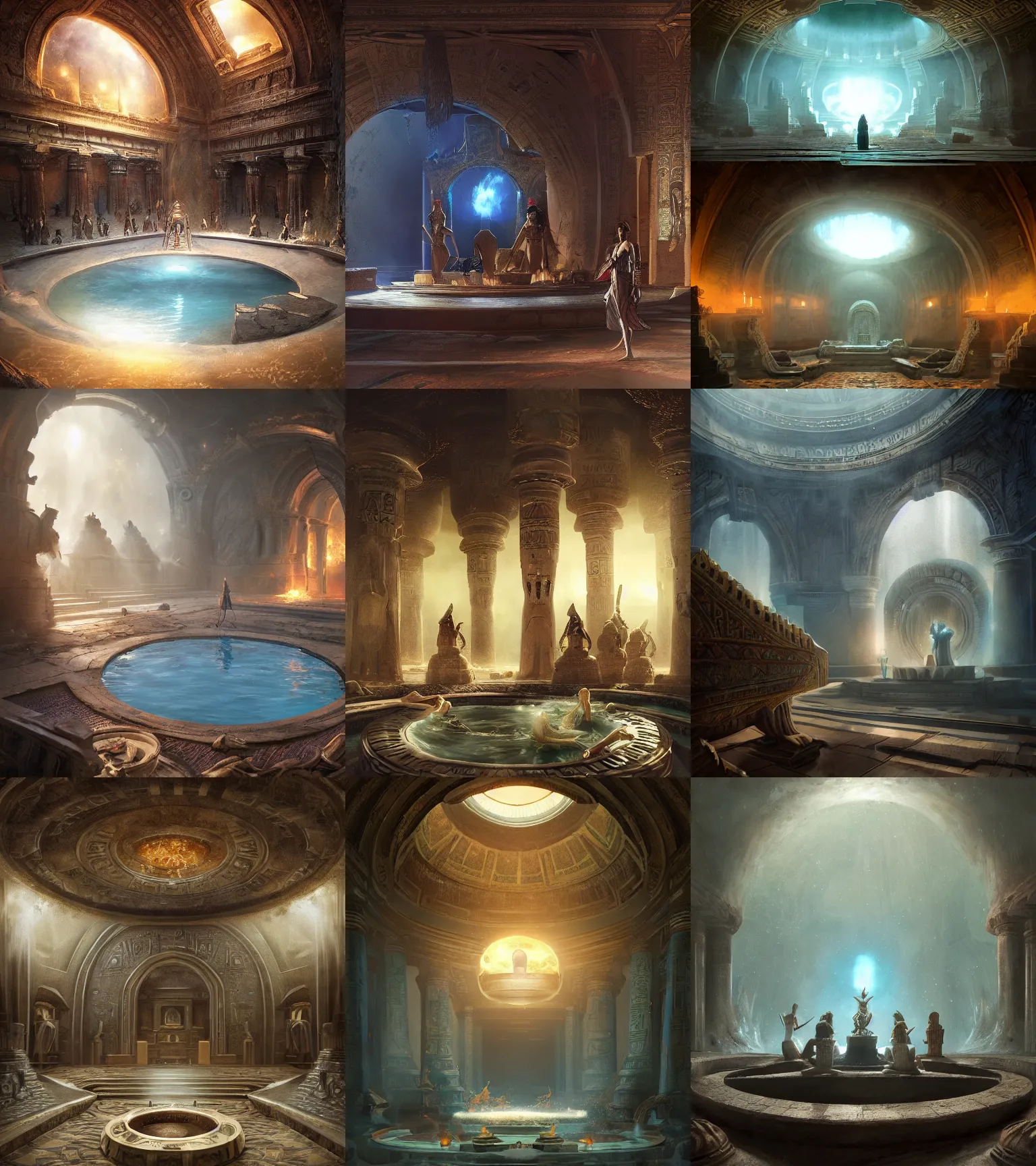 Prompt: fantasy movie scene greg rutkowski detailed digital painting of an ornate and royal egyptian antechamber tomb, a circular pool with an erupting galaxy inside, unreal engine, hyper realism, realistic shading, cinematic composition, blender render, octane render, hdr, detailed textures, photorealistic, ultrawide shot, 3 5 mm film