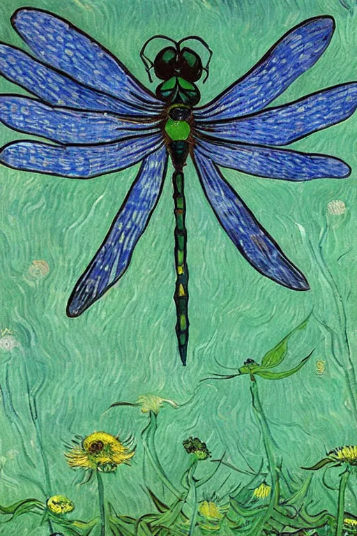 Image similar to symmetrical!!! looking at the camera!! dragonfly!! by vincent van gogh, starry night, big eyes, delicate wings